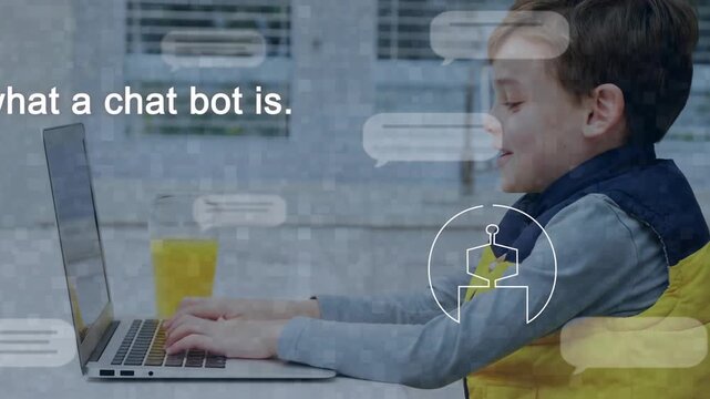 Schoolboy typing on laptop in kitchen, asking bot for learning, robot bubbles scrolling, smiling