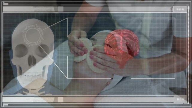 Practitioner placing pads, massaging client face in spa, skull overlay showing anatomy for training