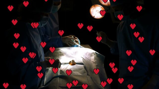 Gloved hand reaching instruments, pixel hearts spreading as surgical team operating to repair heart