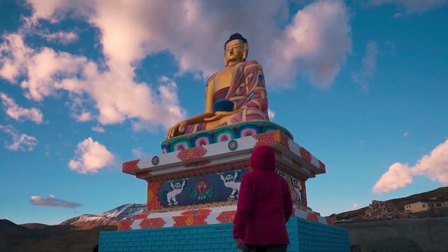 Rear view of young woman standing against Buddha statue during sunset in Langza village, Spiti Valley, India. Orange clouds in sky. Travel and holidays concept.