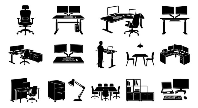 Modern office furniture silhouette icons, ergonomic workstation and standing desk set, professional workspace equipment and computer desk vector collection