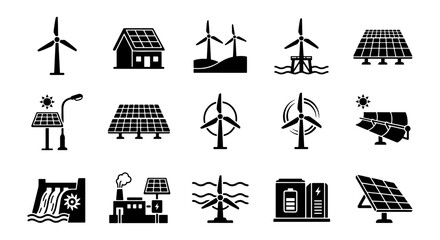 Renewable energy icon set with 15 black vector symbols, solar panel and wind turbine illustrations, sustainable green power technology collection © Sumi
