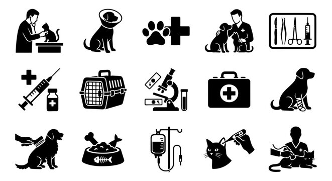 Veterinary medicine icon set with 15 black silhouettes, pet healthcare symbols for animal clinic services, veterinary surgery and grooming icons