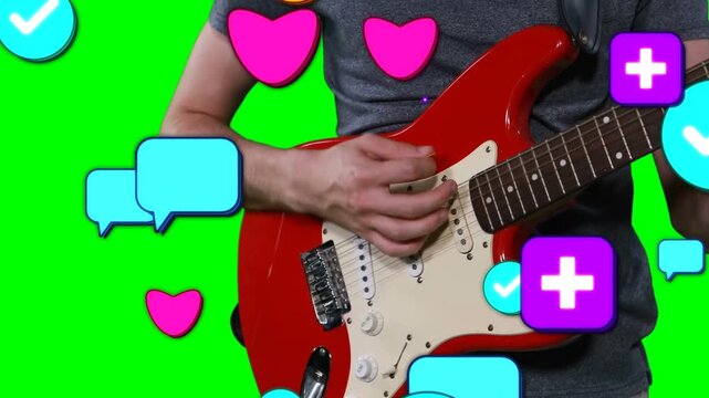 Guitarist playing red guitar on greenscreen, icons appearing from left layering promoting music