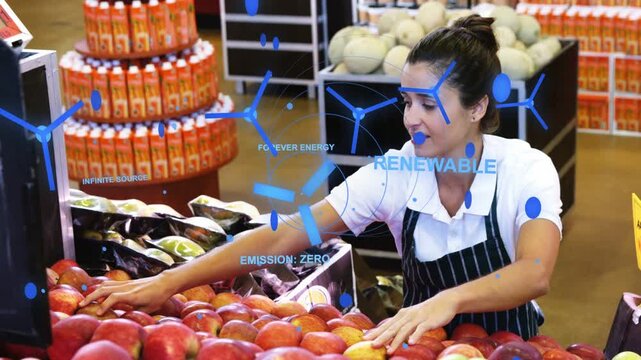 Leaning produce clerk reaching, sliding, checking apples and sorting neat row under blue AR overlay