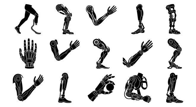 Robotic prosthetic limbs collection, 15 black bionic arm and leg icons, futuristic mechanical body parts, artificial cybernetic limb vector set