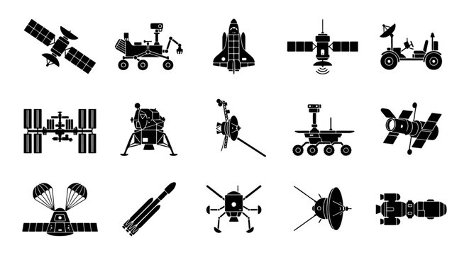Space exploration icons set, 15 black silhouette vector elements of satellites and rovers, aerospace technology and spacecraft equipment collection