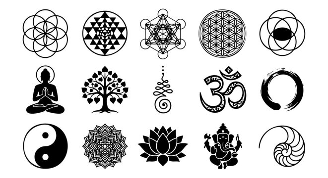Sacred geometry and spiritual symbols set, 15 black vector icons including lotus and mandala, zen yoga and meditation design elements