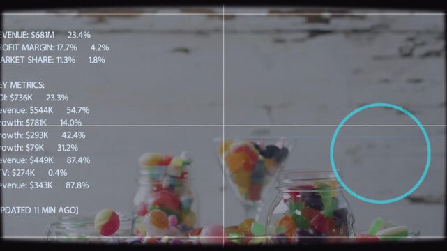 Grid appearing, overlay building metrics, blue ring circling right jar, focusing business metrics