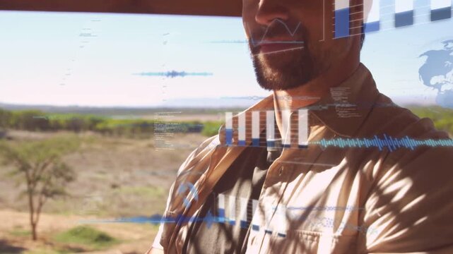 Camera pulling back, HUD charts appearing and drifting as man revealing smile, visualizing metrics