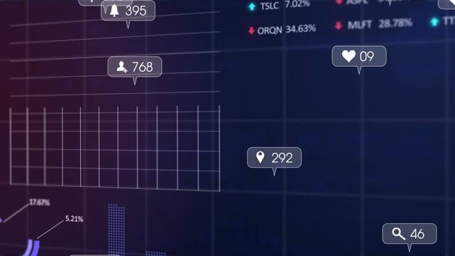 Analytics dashboard receiving feed, spawning tip bubbles, aligning with charts, revealing metrics