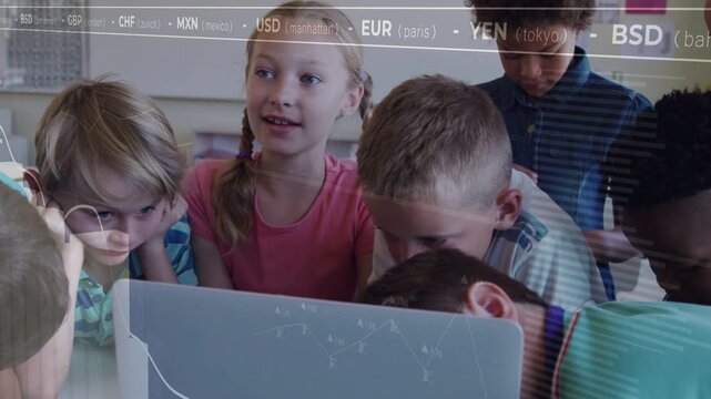 Girl turning to laptop explaining FX charts for finance class while peers leaning in under overlays