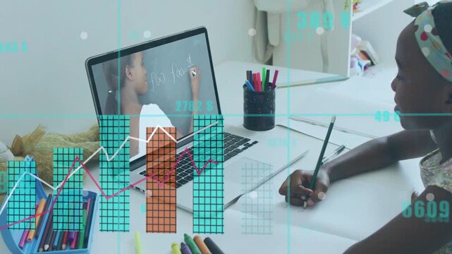 Vertical video: Girl following laptop lesson, writing as teal charts rising over desk for education