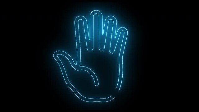 Glowing blue neon outline of a raised hand against a black background with a white border at the bottom.