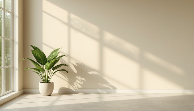 A potted plant sits in a corner of a room with a large window on transparent background
