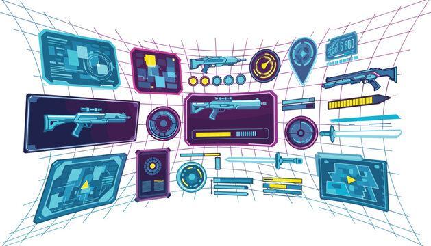Futuristic weapon selection interface with holographic screens neon HUD elements sci fi gaming dashboard and digital control panels in flat vector illustration style