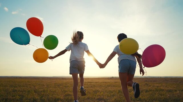 A group of kids are running around in nature with balloons. Happy family kid dream concept. A group of lifestyle children are running with. balloons. Group of kids running in nature with balloons.