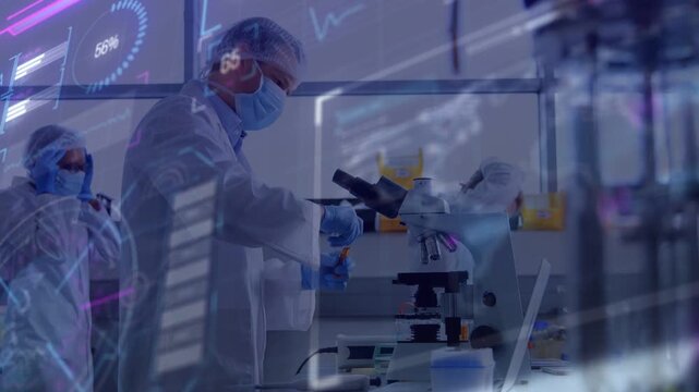 Lab scientist placing sample under microscope and starting live data analysis with animated graphs