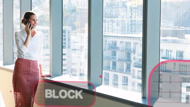 20s woman receiving call, holding phone by window about blockchain, BLOCK or MINER labels, copy spac