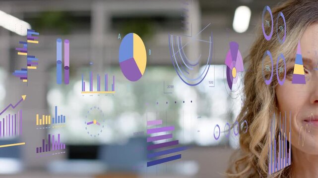 Floating data plane appearing triggers bright charts shifting while woman smiling, showing insights