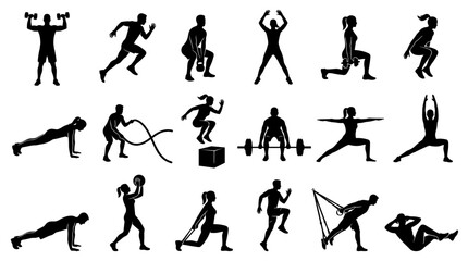 Naklejka premium Diverse group of people performing various fitness exercises and strength training workouts demonstrating healthy lifestyle and active recreation