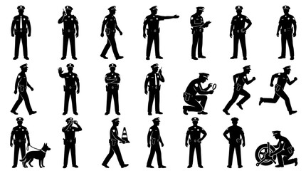 Fototapeta premium Collection of police officers in various poses and actions, representing law enforcement and public safety, isolated on a white background