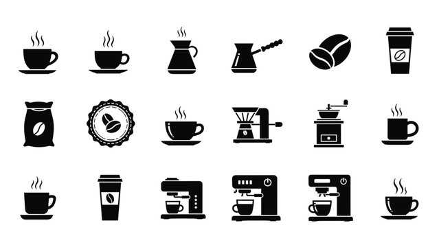 Extensive set of black coffee icons including cups beans grinders espresso machines and take-away containers for cafe branding.