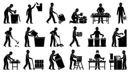 Obraz premium Recycling process icons showing workers sorting waste and materials on conveyor belts and in bins for environmental protection and sustainability