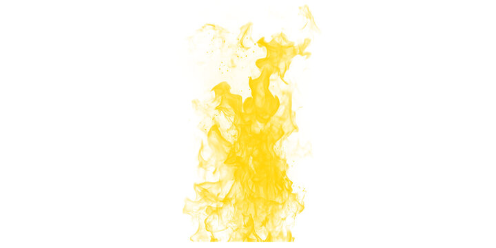 Yellow fire flames burn brightly on dark black background with intense heat glow sparks and energy for cinematic visuals