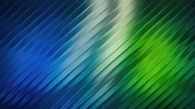 Abstract background with diagonal stripes in a gradient of blue and green colors with a textured metallic effect