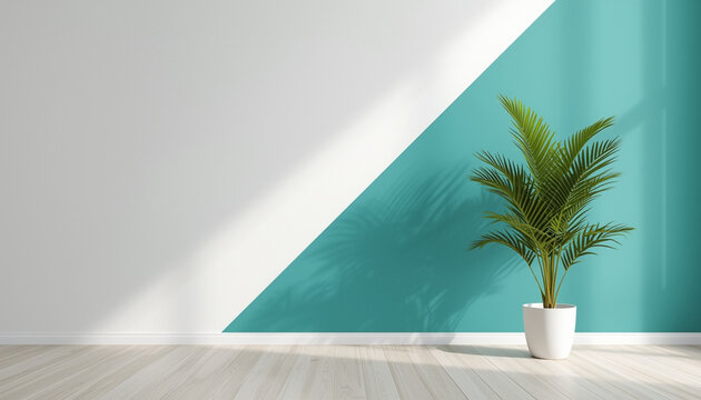 A potted palm plant sits in a modern room with a teal and white wall on transparent background