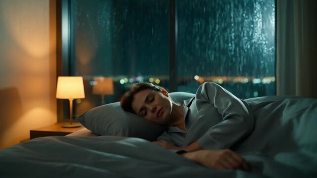 Woman peacefully sleeping in bed at night with rain visible through window