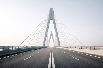 Obraz premium Modern cable-stayed bridge with empty road and perfect symmetry, transportation infrastructure concept