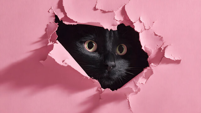 A curious black cat peeking through a torn hole in a pink wall with a shocked expression on its face looking directly at the camera
