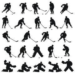 Naklejka premium Silhouettes of ice hockey players in various action poses against a white background
