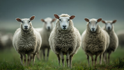 Fototapeta premium A group of white sheep standing in a green field looking directly at the camera with a blurred background and grassy terrain