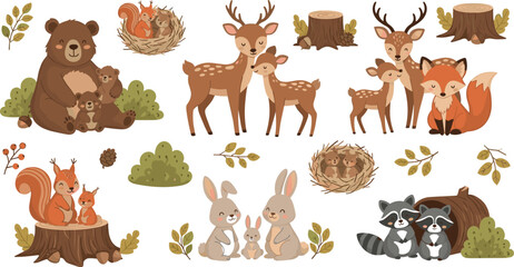 Fototapeta premium Cute forest animal families collection with bear deer fox rabbit raccoon squirrel woodland cartoon illustration set