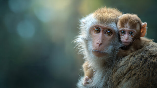 A heartwarming portrait of a monkey and its adorable baby perched on its back in a natural setting with a blurred background
