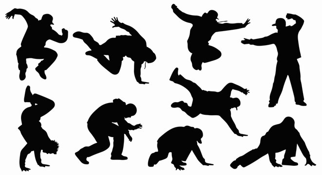 Silhouettes of dancers performing dynamic breakdance moves against a white background