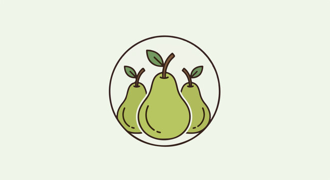 Three stylized green pears with leaves inside a circle