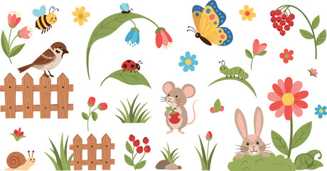 Cute garden elements collection with mouse rabbit birds insects flowers leaves and fence cartoon nature illustration set © Md