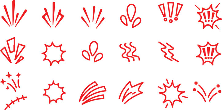 Red Hand Drawn Explosion Shapes and Lines on White Background burst comic