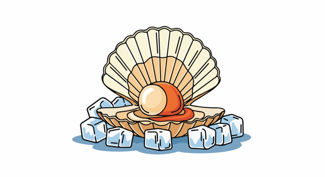 Open scallop shell with pearl and surrounding ice cubes