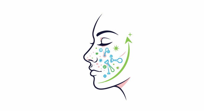 Profile of a face with skin impurities and an upward green arrow indicating improvement
