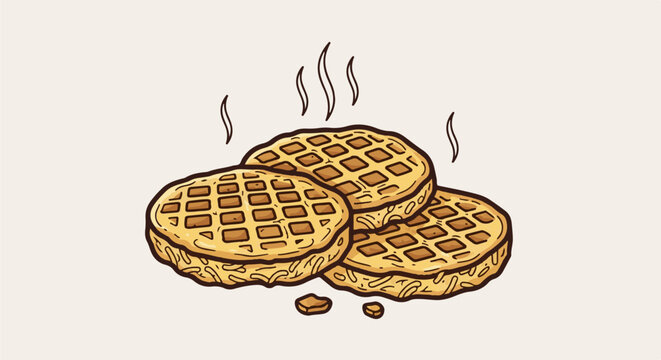 A stack of three golden-brown, circular waffles emitting steam