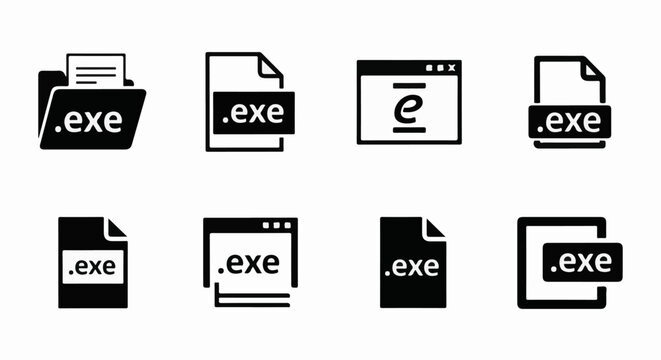 A collection of eight black and white icons representing executable files