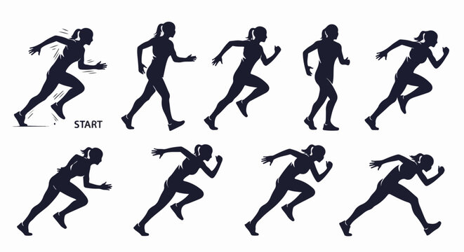Silhouette sequence of female runner in various stages of sprint