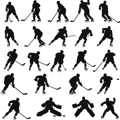Naklejka premium A collection of black silhouette figures depicting hockey players in various action poses