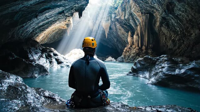 Man in wetsuit and yellow helmet sitting by underground river in a sunlit cave, contemplating extreme canyoneering adventure.