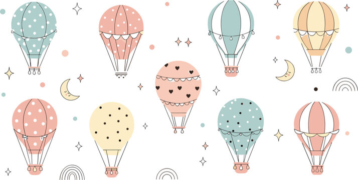 Cute pastel hot air balloons collection with stars moon rainbow patterns cartoon sky nursery illustration set